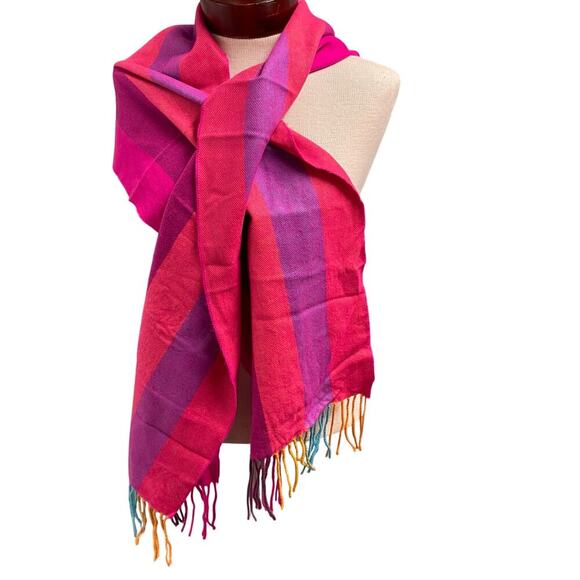 Colorful Cashmere Scarf Made in Scotland Fringe Brights Maximalist Art Funk - Picture 1 of 2